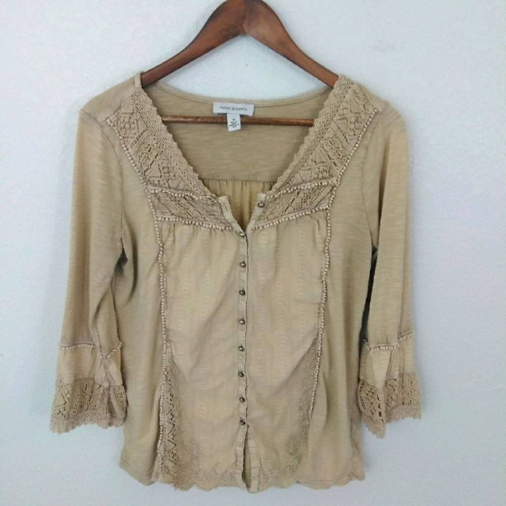 Women's Beige Lace Trim Top